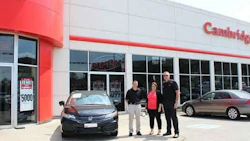 Allen Mattice of CARSTAR Cambridge and Nicole Pereir, General Manager, and Rich Snider, Parts and Service Director, for Cambridge Centre Honda.
