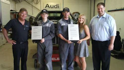 Open Road Richmond Auto Body has recently achieved Audi certification. From left: Randy Lowe (owner), Shawn Atherton, Brad Reid, Emily Lowe and Toby Alderson.