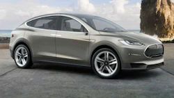 The new Tesla X Signature Series features sensor equipped rear gull wing doors.