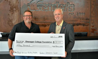 Norm Cross presents the donation to Okanagan College Foundation Development Officer John Haller.