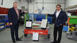 Scott Wideman (left) of Volkswagen Group Canada and Lorenzo D'Alessandro of CSN-427 Auto Collision. The facility has been certified for work on Audi's aluminum vehicles since 2006, and is now certified as both an Audi Authorized Collision Repair Facility and a Volkswagen Certified Collision Repair Facility.