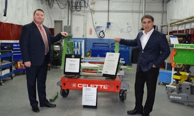 Scott Wideman (left) of Volkswagen Group Canada and Lorenzo D'Alessandro of CSN-427 Auto Collision. The facility has been certified for work on Audi's aluminum vehicles since 2006, and is now certified as both an Audi Authorized Collision Repair Facility and a Volkswagen Certified Collision Repair Facility.