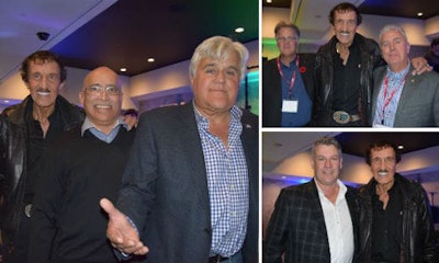 A BASF-sponsored celebrity event at SEMA led to unexpected charitable donations from a number of industry stakeholders. Clockwise, from above left: Richard Petty, Zuby Siddiqui of Crescent Industries and Jay Leno. Mort Hall, GM of White & Peters, Richard Petty and Dave Swenson, GM of Carlson Body Shop Supply. Kelvin Campbell of CSN-Chapman Auto Body and Richard Petty.