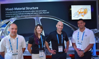 Representatives of Celette and GM at NACE with 'Skeletor,' the structure of the Cadillac CT6. From left: Stephane Jourdan, Jennie Lenk and Bastien Dias Da Costa of Celette and Joe Villanueva, Advanced Service Design Engineer for GM.