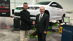 Andrea Iacucci Ostini, Export Manager for Bellini Systems (left) and Mike Cranfill, VP of Global Collision and New Business Development for Vehicle Service Group (VSG), announced an agreement giving Chief exclusive North American marketing and distribution rights for Globaljig benches, universal fixture systems and other “European style” structural repair equipment.
