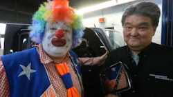 Doo doo the hero clown and Wayne Hosaki of Birchmount Collision.