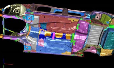 This diagram from Car-O-Liner shows the underbody fixturing points for the Cadillac CT6. The vehicle is of mixed material construction, making repairs complex.