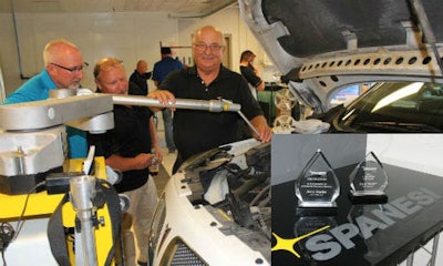 Jerry Snyder of JES Sales demonstrating the Spanesi TOUCH Electronic Measuring System at an event at CARSTAR Vision Park in Hamilton. INSET: Snyder's two awards from Spanesi.