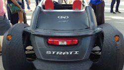 A rear view of the Strati, produced by Local Motors. About 75 percent of the vehicle is 3D printed.
