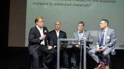 The CCIF Repairer Panel. From left, Bill Davidge of CARSTAR, Andy Neufeld of Fix Auto, Mark Roesch of CSN Collision Centres and moderator Joe Carvalho.