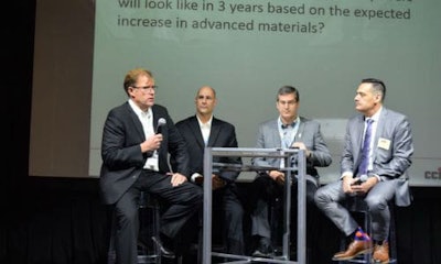 The CCIF Repairer Panel. From left, Bill Davidge of CARSTAR, Andy Neufeld of Fix Auto, Mark Roesch of CSN Collision Centres and moderator Joe Carvalho.