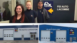 Three new facilities have joined the Fix Auto network. Clockwise, from top: Some of the team members at Fix Auto Lacombe; Fix Auto Cardston and Fix Auto Cold Lake.