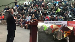 Dave Swenson, GM of Carlson Body Shop Supply, addresses students on Calgary's World of Wheels event. INSET: Entries in the latest Pedal Car Challenge, an event sponsored by Carlson.