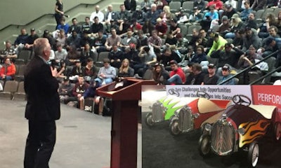 Dave Swenson, GM of Carlson Body Shop Supply, addresses students on Calgary's World of Wheels event. INSET: Entries in the latest Pedal Car Challenge, an event sponsored by Carlson.