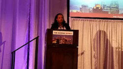 Selamawit Belli of Dow Automotive presenting on Structural Adhesives at Automotive Megatrends. Photo courtesy of Repairer Driven News.
