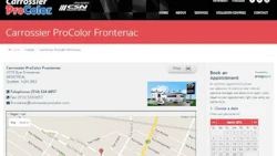 A screenshot showing Carrossier ProColor's new online booking application. The customer simply chooses a shop, then fills out a few fields on the right hand side of the screen, then chooses the preferred appointment time from the calendar.