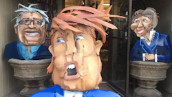 Joe Kildune is a sculptor whose preferred material is used car parts. He made these sculptures representing Donald Trump, Bernie Sanders and Hillary Clinton.