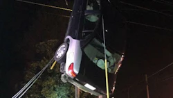 A motorist in Tennessee got stranded up a telephone pole recently. We maintain that most professional stunt drivers would have difficulty pulling this one off.