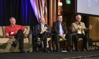 Some members of the VeriFacts Symposium panel discussion on autonomous vehicles: Erick Bickett, Founder & CEO, Fix Auto USA; Mike Anderson, President of Collision Advice; Mark Olson, COO, VeriFacts Automotive and George Avery of State Farm.