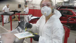 A participant in the Women in Trades Training program at Okanagan College working on a fender. The program helps to encourage women to enter the skilled trades.