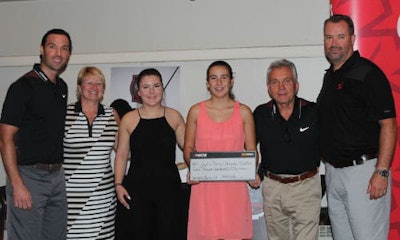 Presenting the latest donation to Cystic Fibrosis Canada. From left: Michael Macaluso, President of CARSTAR North America, Christine Martysiewicz of Cystic Fibrosis Canada, Madison and McKayla, and Sam Mercanti and Colson Cole of CARSTAR. Madison (15) and McKayla (13) are sisters who were diagnosed with CF at birth. They have spoken at the CARSTAR golf tournaments for the last several years and inspired attendees with their resilience and courage.