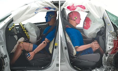 The structure of the Toyota RAV4 held up well in the driver-side small overlap test (left). In contrast, intrusion was severe in the passenger-side crash.