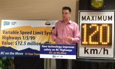 BC's Minister of Transportation and Infrastructure Todd Stone discusses the new variable speed limit signs during a press conference.