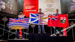 Winners in the post-secondary category for Autobody Repair at the 2016 Skills Canada National Competition. Brandon Drover (centre) took the gold, with Johan Wiebe (right) earning the silver and Roeloph Clements taking home the bronze.