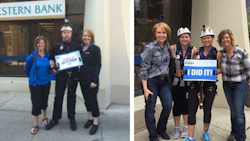 Rappeling for Make-A-Wish Canada in Calgary. LEFT: Steven Dupont of CSN-Lou's, with Trista Anger and Kari Barton of CSN. RIGHT: Anger and Barton flank Kristin Rankin and Anna Rose Anderson of CSN-Telkor.