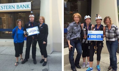 Rappeling for Make-A-Wish Canada in Calgary. LEFT: Steven Dupont of CSN-Lou's, with Trista Anger and Kari Barton of CSN. RIGHT: Anger and Barton flank Kristin Rankin and Anna Rose Anderson of CSN-Telkor.