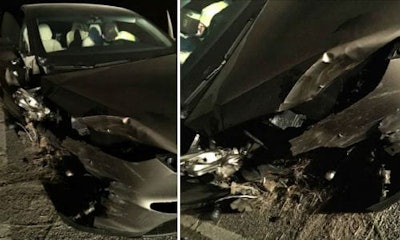 Two views of the crashed Tesla Model X in Montana. The driver says Autopilot was engaged at the time of the crash.