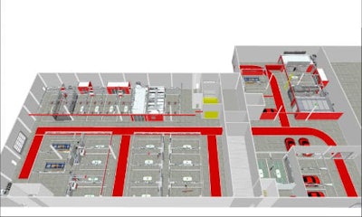 A render of the proposed layout for the new home of European Autobody. The facility will move locations in early 2017 and will use the move as an opportunity to install the FixLine system from Symach.