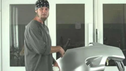 Ryan Evans of the TV show 'Counting Cars' at Wedge Clamp, where he tried the NitroHeat system for the first time. Evans, clearly impressed by the system, noted how it helped to lay down a solid covering in one coat with no blotching. He was also impressed by how quickly the paint was ready for clear.