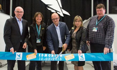 Celebrating the grand opening of Impact Edmonton. From left: Terry Daniels (Managing Director, Impact Auto Auctions), Councillor Jackie McCuaig, (Division 2, Parkland County), Dave Tenk (Branch Manager, Impact Edmonton), Councillor Tracey Melnyk (Division 6, Parkland County) and Deputy Mayor John McNab (Parkland County).