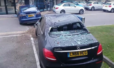 Tesla Crashes into mercedes shop