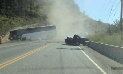 A bus crash in 2015 on BC's Highway 1. A jump in collisions in the last year has led to reopening the debate about widening the highway.