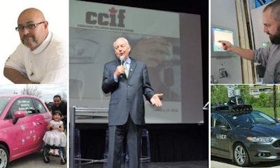 Photos drawn from some of our top stories in 2016. Top Left: Sam Piercey left us in 2016, but his memory lives on with the Sam Piercey Foundation. Bottom Left: Rachid El Madawi of Rachid’s Auto Sales and his staff refurbished and auctioned this car to help pay for a much-needed operation for little Julie. Centre: Larry Jefferies reports on the First Notice of Loss project at CCIF. Top Right: Programming the automated system at CSN-CARS Collision. Bottom Right: The ongoing development of autonomous vehicles continued to be one of our top stories throughout the year.