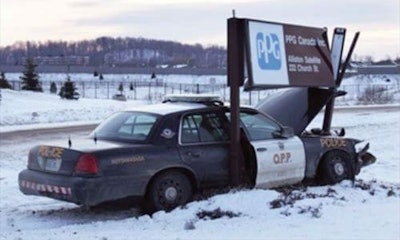 Police cars crash too. In fact, the nature of police and other emergency work may lead to higher-than-average accident rates.