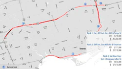 A map from the CAA study showing some of the worst traffic bottlenecks in Toronto. The city has the dubious honour of hosting 10 of the top 20 most congested routes in Canada.