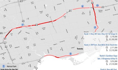 A map from the CAA study showing some of the worst traffic bottlenecks in Toronto. The city has the dubious honour of hosting 10 of the top 20 most congested routes in Canada.