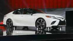 The new 2018 Camry was unveiled at NAIAS. The vehicle has an aluminum hood, but otherwise depends on high-strength steel for lightweighting. The new car will also be available with a two-tone paint job.