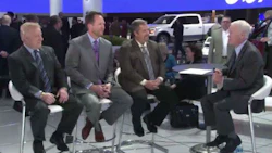 Panelists at NAIAS. From left: Len Offenbacher, CEO and President, INTEVA Products; Ken Hopkins, President and CEO of NEAPCO Holdings; Charles Chesbrough, Senior Economist with OESA and moderator John McElroy of Autoline.tv.