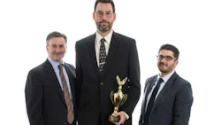 Bruce Young (centre) has received the 2016 Rick Berg Award from 3M. The award was presented by General Manager Rick Orser (left) and Regional Sales Manager Dan Laturnas (right).