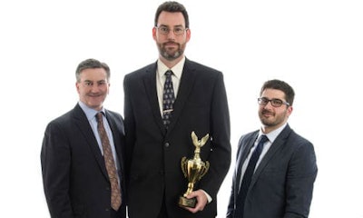 Bruce Young (centre) has received the 2016 Rick Berg Award from 3M. The award was presented by General Manager Rick Orser (left) and Regional Sales Manager Dan Laturnas (right).