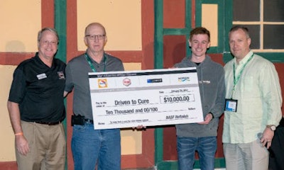 BASF presents a $10,000 cheque to Andrew and Bruce Lee of Driven to Cure. From left: Bruce Lee of DTC, Marvin Gillfillan of BASF, Andrew Lee of DTC and Dan Bihlmeyer of BASF.