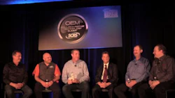 The aftermarket scanning panel at the SEMA Show. From left: Chuck Olsen of AirPro, Jason Bartanen of I-CAR, moderator John Ellis, Doug Kelly of CDS, Bob Pattengale of Bosch and Jason Gabrenas of Snap-on.