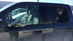 One of the vehicles brought to Marion Auto Body with a smashed window. Photo by Marion Auto Body.