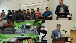 At the Tropicana 2017 kickoff. Clockwise from top left: Coordinator Marc Tremblay (right) introduces the class of 2017; guest speaker Bill Dawe of Max Auto Supply and Key Colour; Collin Welsh of CARSTAR Canada, and toolkits provided for program participants by sponsors.