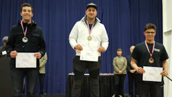 Okanagan College students on the podium at the BC Skills Competiton. From left: Caleb Loewen (silver), Andreas Roth (gold) and Marcel Kaemmerzell (bronze).