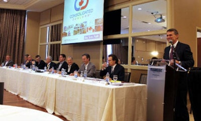 President and CEO of Consolidated Dealers Tom Langton (right) speaking at the 2017 Ontario Dealer Day event. The annual show is co-sponsored by Consolidated Dealers and the Trillium Automotive Dealers Association.